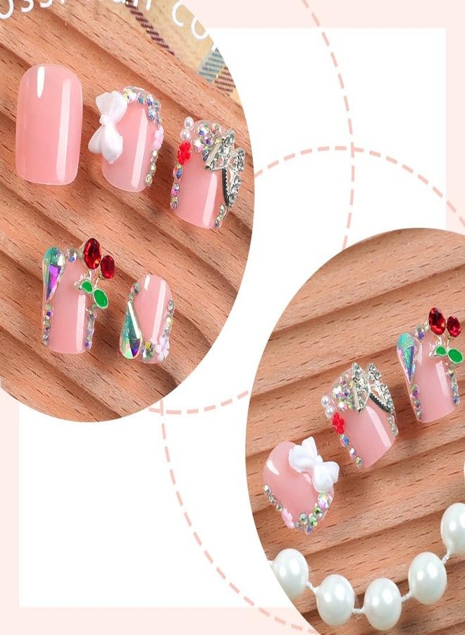 TOGZOM French Tip Press on Nails Short Square Fake Nails Rhinestone Acrylic Nails Glossy Nude Pink False Nails with Designs Bow Butterfly Charm Glue on Artificial Nails for Women Manicure Art Decoration - Image 2